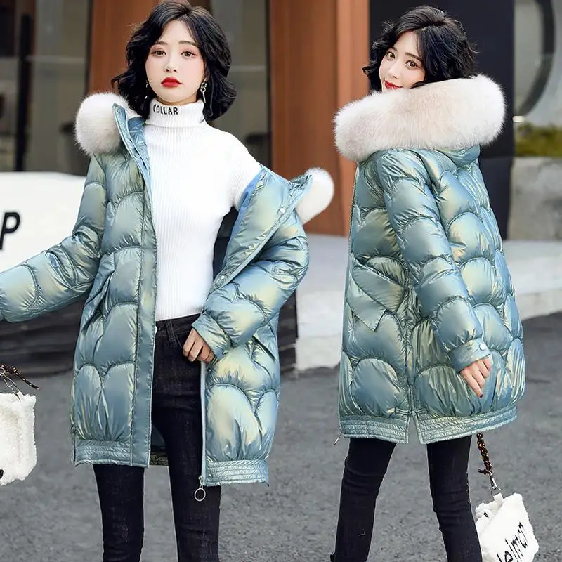 

Winter Glossy fur collar Hooded Jacket 2023 New Women Cotton Padded Long Coat Warm Loose Outwear Windproof Female Snow Parkas