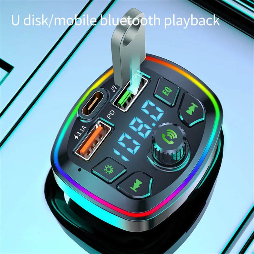 Car Bluetooth Cigar Lighter Radio FM Transmitter PD 18W Type-C Dual USB 3.1A Colorful Ambient Light Charger MP3 Music Player