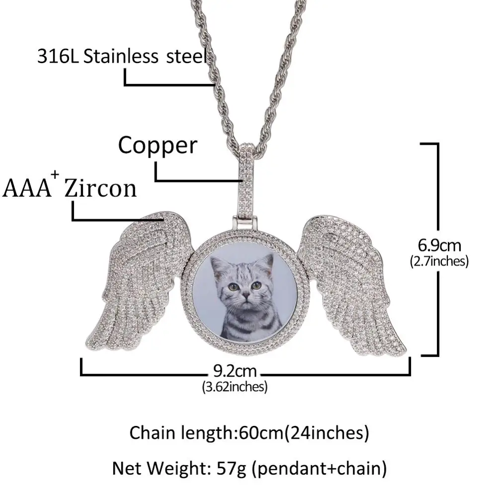 UWIN Custom Heavy Wings Circle Photo Pendant Necklace Cubic Zirconia Iced Out Wings Circle Chams Hiphop Jewelry Drop Shipping