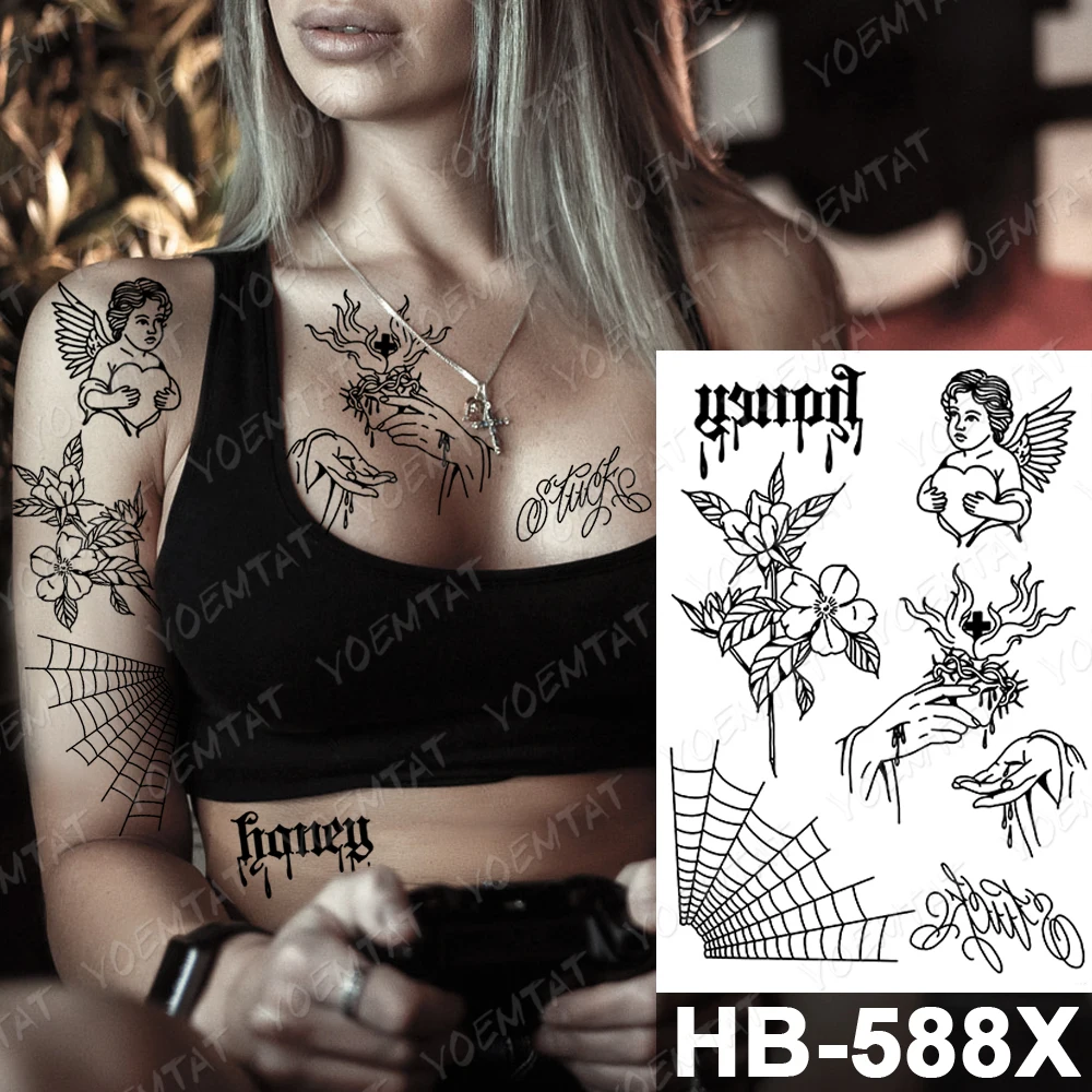 Autoadesivo del tatuaggio temporaneo impermeabile cuore coltello pistola angelo vecchia scuola Flash tatuaggi labbra ragno Body Art braccio