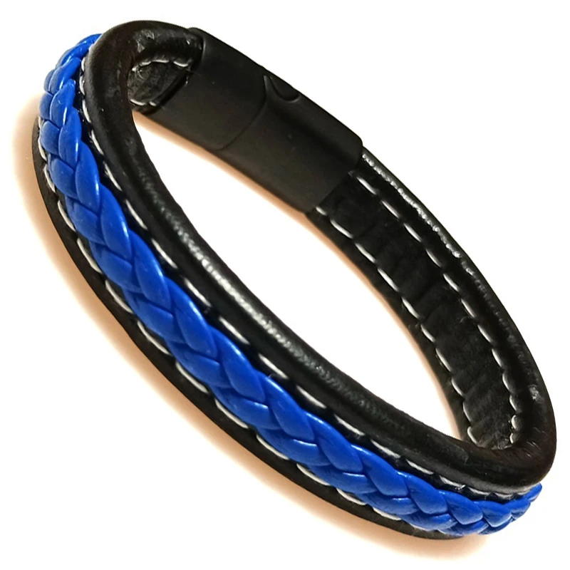 Braided Blue Color Leather Bracelets for Men Armband Heren Trendy Genuine Leather Bracelets with Magnetic Buckle