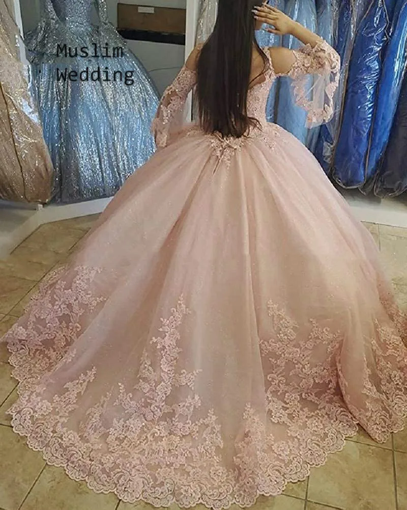 Prinses Geel Quinceanera Jurken Baljurk Roze Blauwe Zoete 16 Jurk Sexy V-hals Puffy Prom Jurk Met Mouwen Goedkope 2020