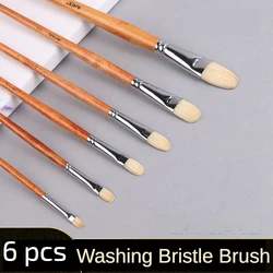 jowoart washed pig bristles watercolor paint brush wood grain long rod hazel-shaped 6 pcs gouache acrylic oil paint brush set