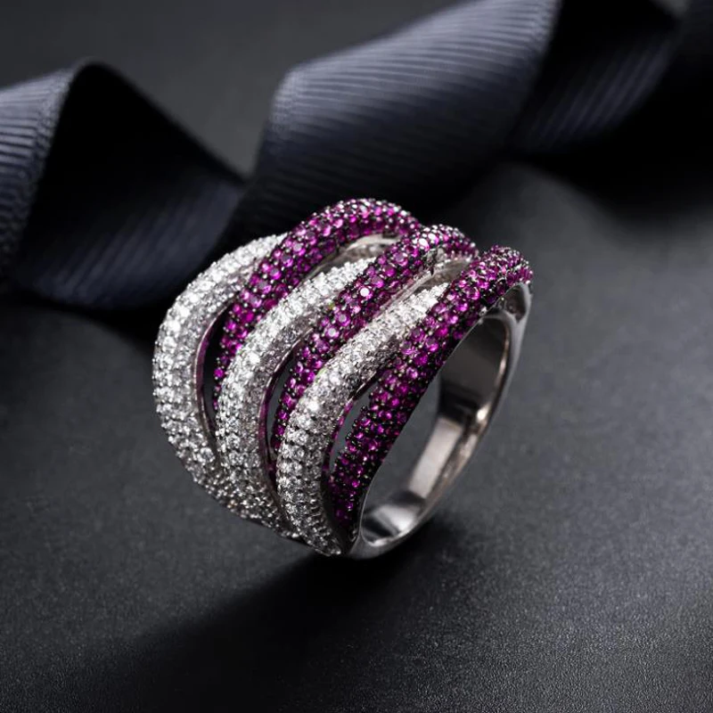 LYCOON Free shipping Trendy Newest purple and white stone stripe ring fashion rose flower Ring prong Setting Cubic Zirconia for Women Party Ring