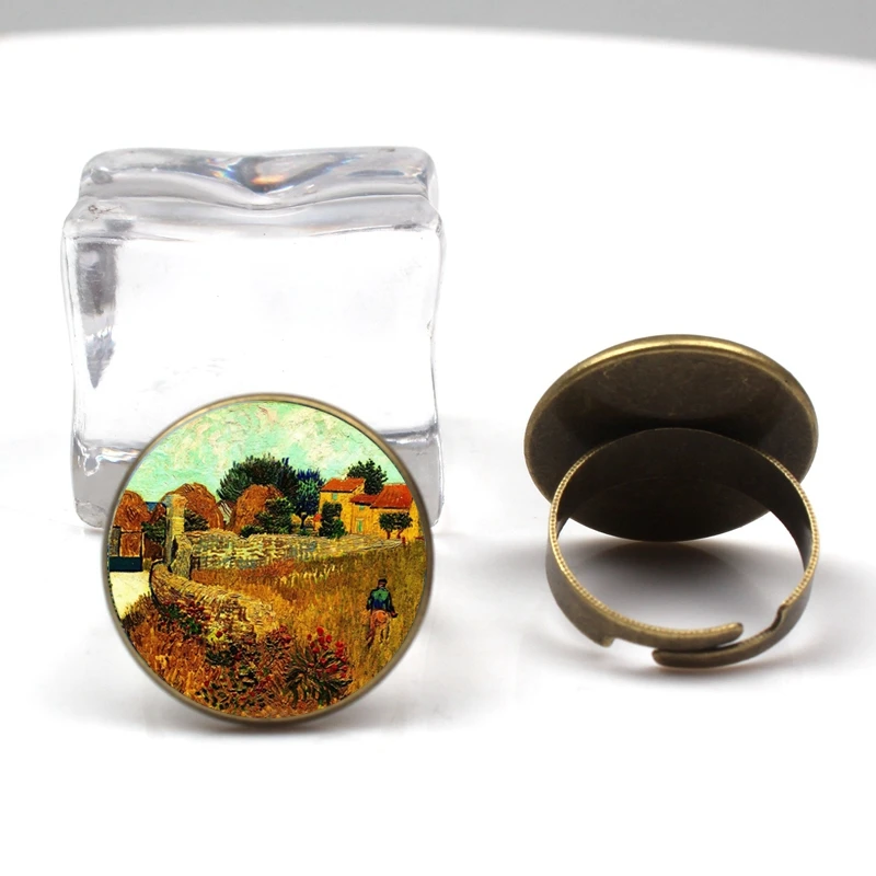 الأزياء الرجعية فان جوخ الفن اللوحة سلسلة حلقة ستار ليلة الزجاج الكريستال عجلة سحر الرجال النساء حلقة حزب عطلة هدايا تذكارية