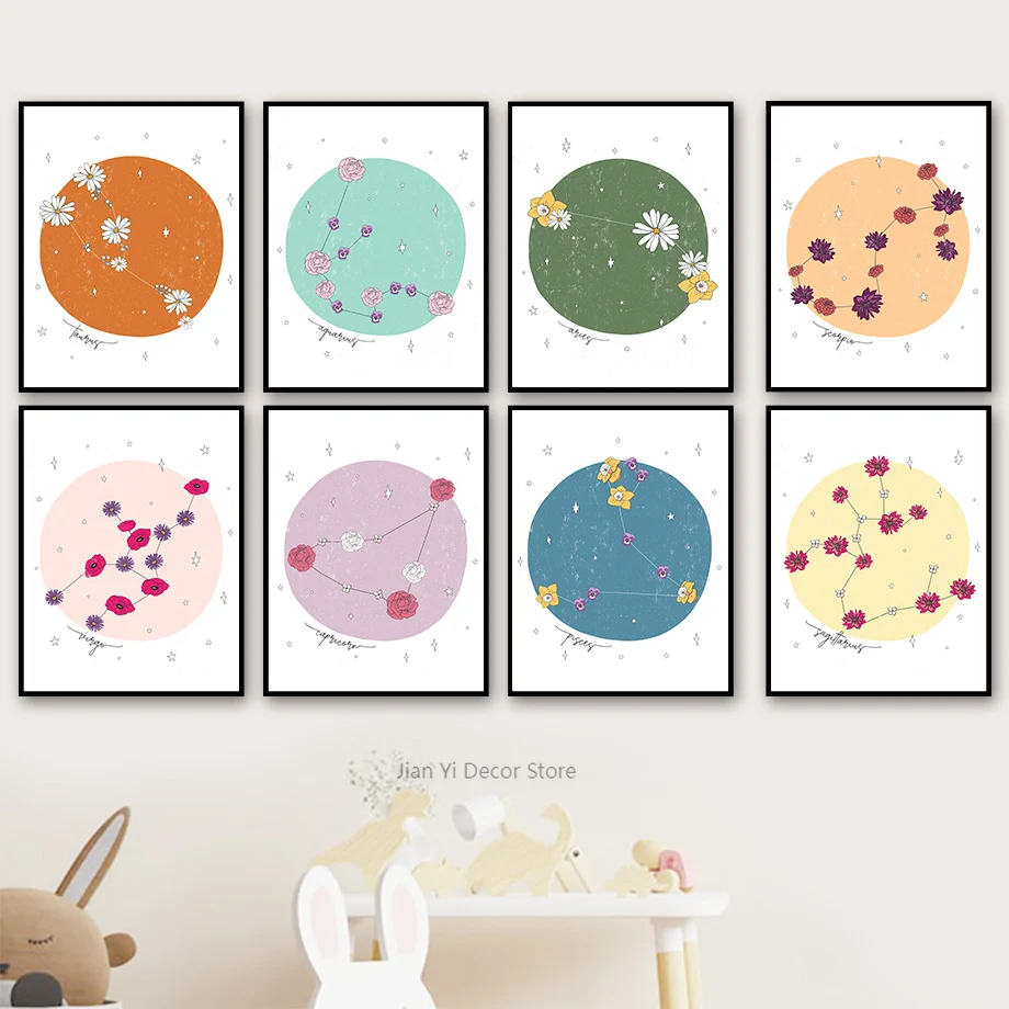 Zodiac Constellations Flower Modern Abstract Wall Art Canvas Painting Nordic Posters And Prints Pictures Kids Room Home Decor