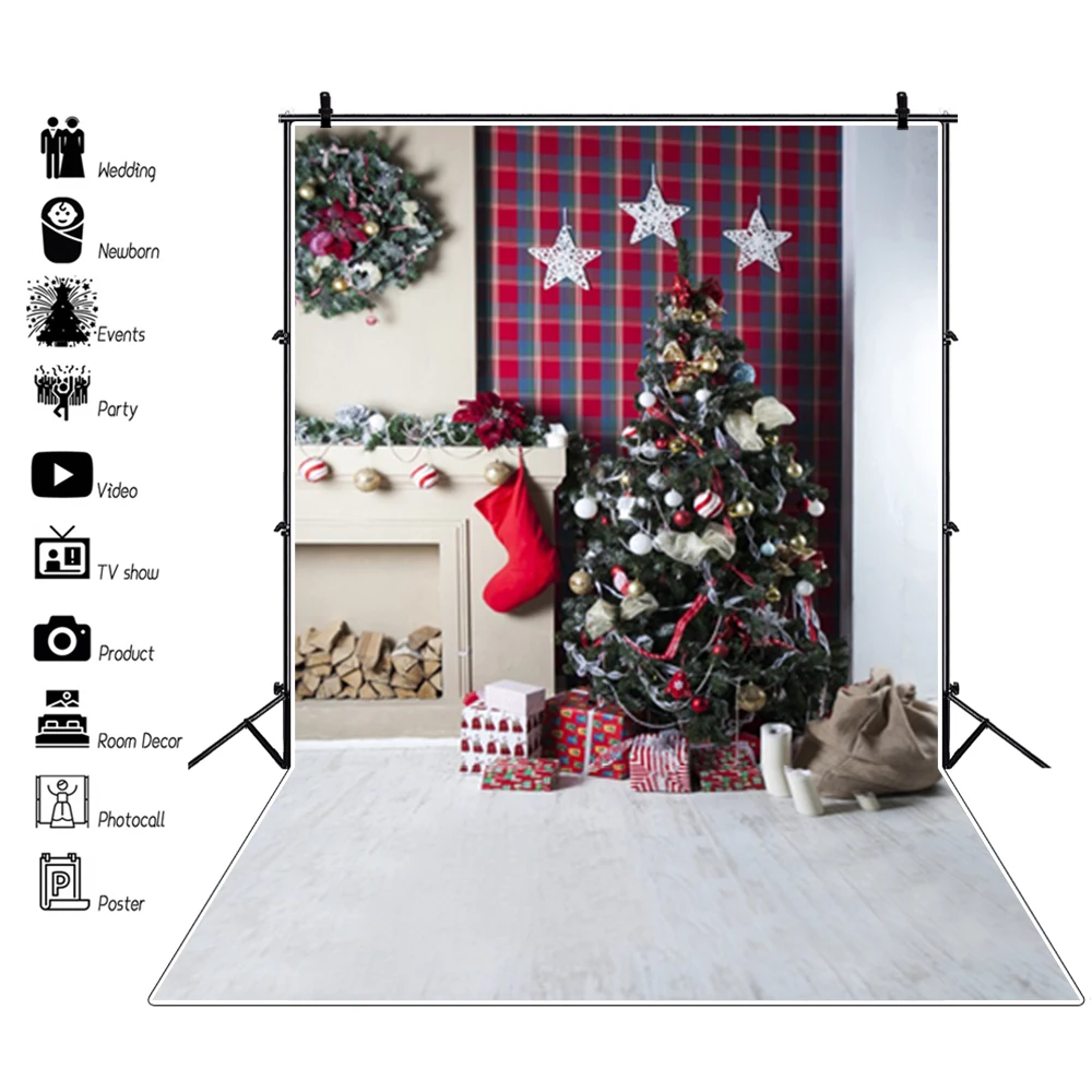 Shiny Christmas Tree Photo Backdrops Wreath Gifts Bears Wooden Floor Photography Backgrounds Room Interior Home Decor Photophone