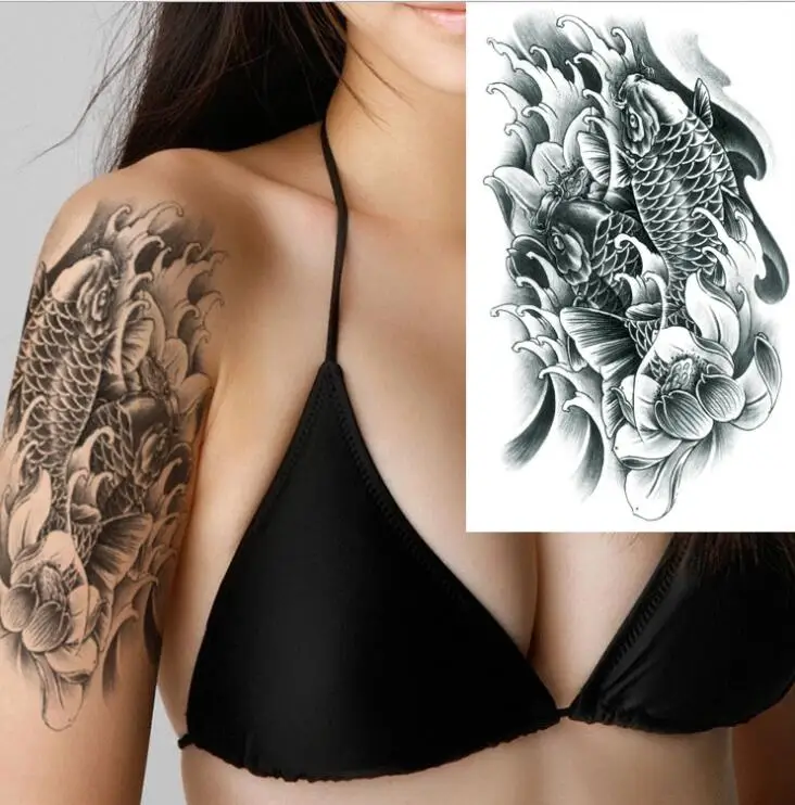 tatoo carp Transfer Fake Tattoo Sticker Black and White Carp Fish Tatoo Art Waterproof Temporary Flash Tatto for Woman Man Kids