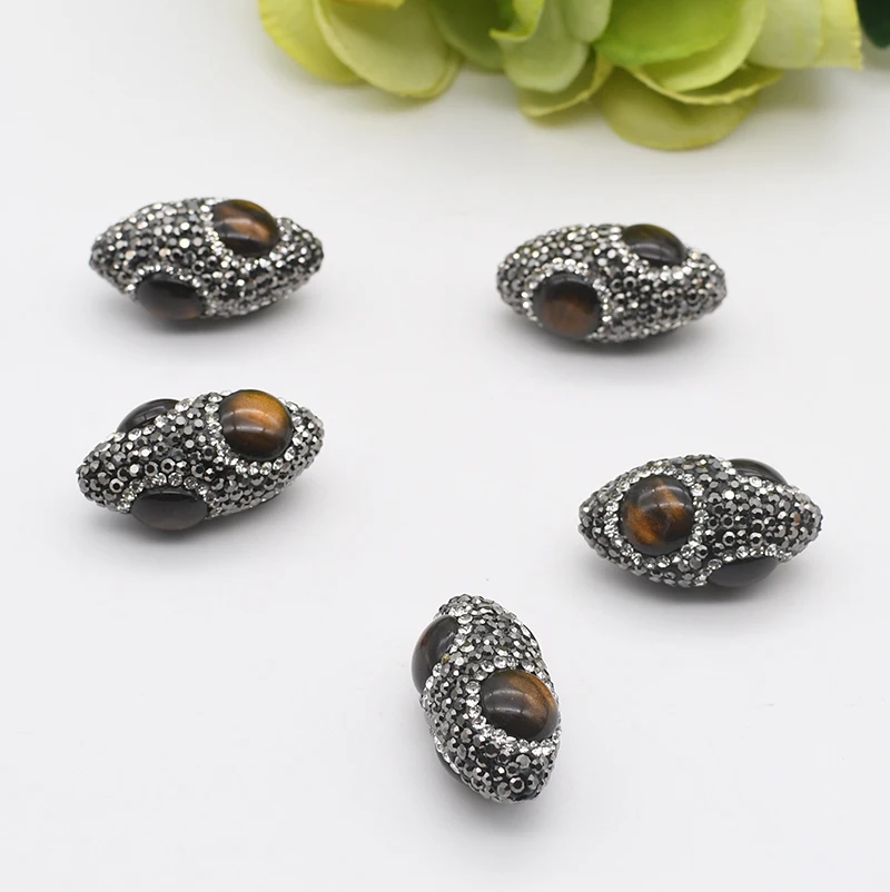 

5pcs/lot 15x30mm High Quality Light Dark brown Tiger eye Beads Trimmed With Crystal Zircon