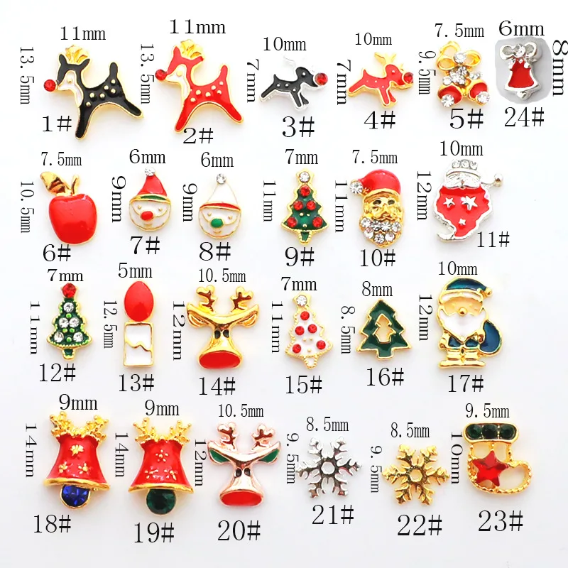 Adornos navideños para uñas, adornos de Metal con diamantes, árbol de Navidad, Santa Claus, campana, copo de nieve, alce, manzana, suministros de decoración de uñas, 20 Uds.