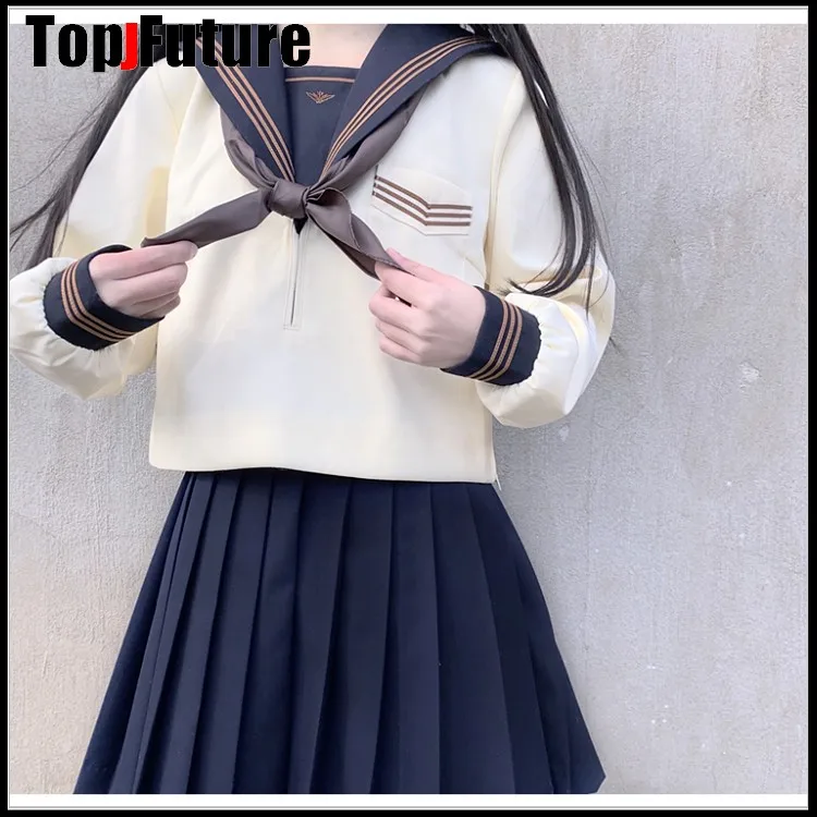 spring and summer tea three middle suits JK uniform skirt  Japanese cream navy sailor suit student SCHOOL uniform