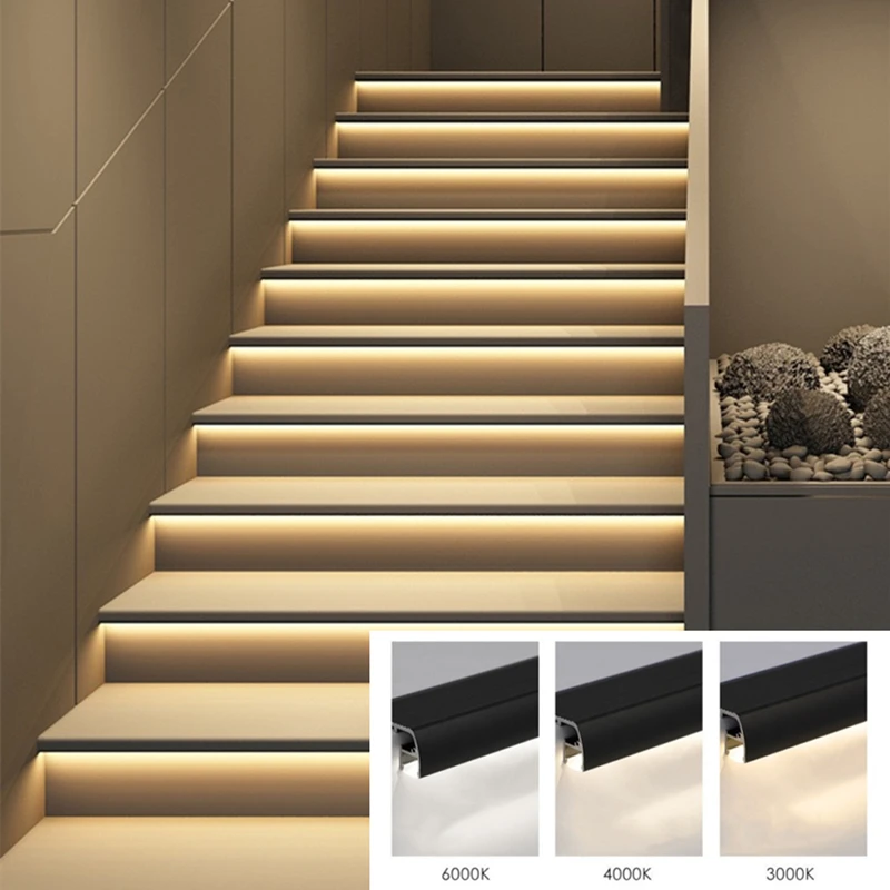 3-Pack 2M 6.6FT Stair Light Aluminium Channel,Screw Conce Staircase Edge Cover Sensor LED Strip,Customized Size Step Profile