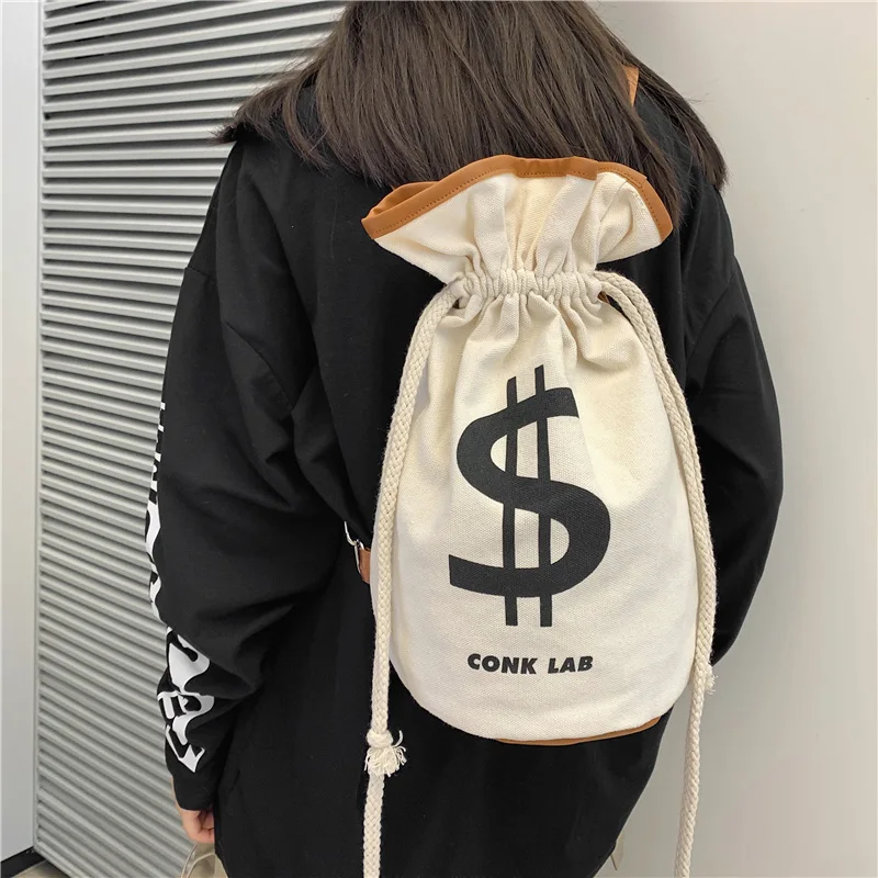 US Dollar Print Cotton Canvas Backpack 2023 Summer Popular Leisure Bag Men Women Backpack Lightweight String Foldable Backpack