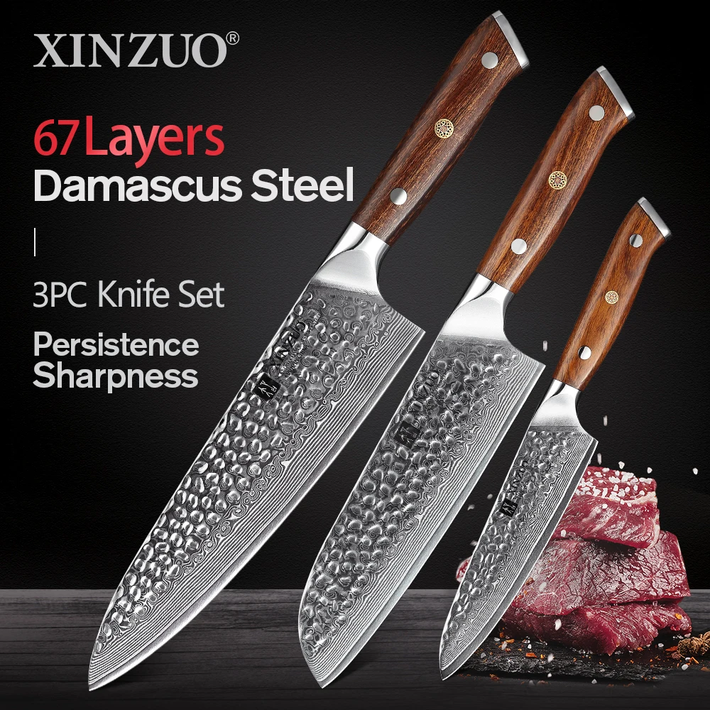 XINZUO Three Knife Set Damascus Steel Cutter 5+7+8.5 Inch Utility Santoku Chef Kitchen Knives 58-62 Hrc Blade with Ebony Handle