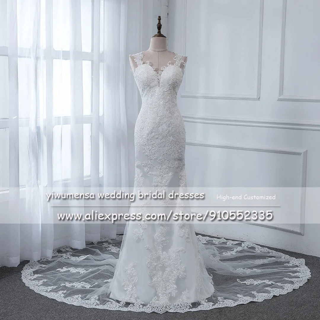 A47 V Neck Sexy Mermaid Wedding Dress With 50cm Long Train Lace Appliques Cap Sleeves White Bridal Gown Open Back Robe de Mariee