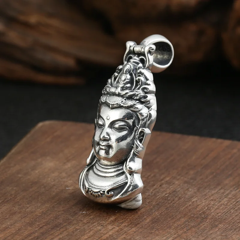 BOCAI Pure S925 Silver Jewelry Retro Personality Creative Avalokitesvara Bodhisattva Pendant for Men and Women Good Luck