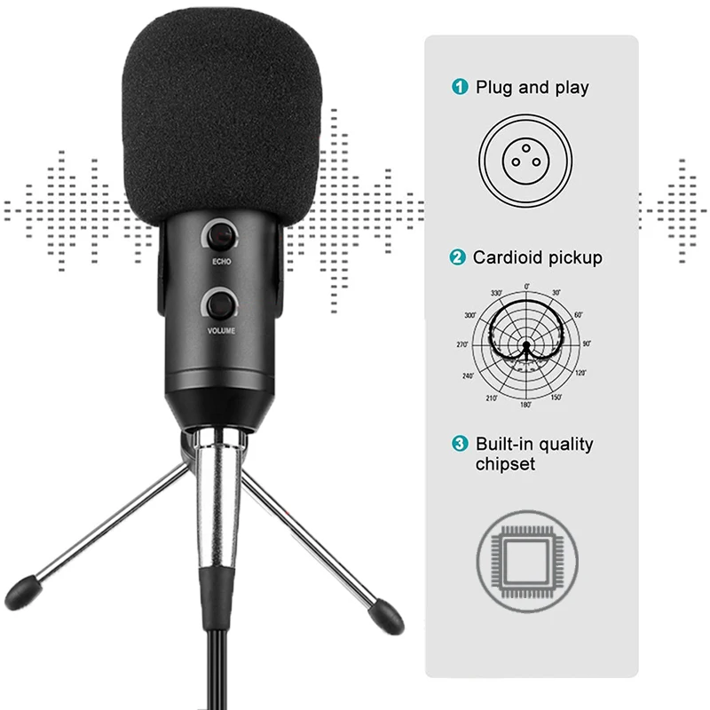 Microfono a condensatore per Computer Audio cablato 3.5mm Studio cardioide Pick-Up Mic con supporto per treppiede e adattatore Audio USB F100TL