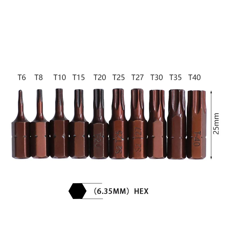10 pz/lotto 25mm Punte per Cacciavite Torx Con Foro Set Magnetico T20 T25 T6-T40 1/4 Pollici Codolo Esagonale Cacciavite Elettrico Star Bit Set