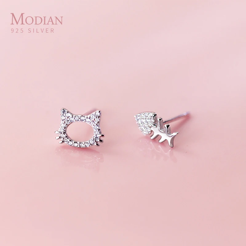 

Modian Cute Simple Clear CZ Cat And Bone Stud Earrings for Women Grils Anti-allergy 925 Sterling Silver Exquisite Jewelry