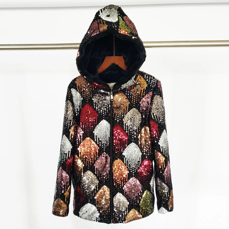 2021 New Parker Hooded Fashion Luxury Jacket Color Sequins Autumn/Winter Long Sleeve Jacket