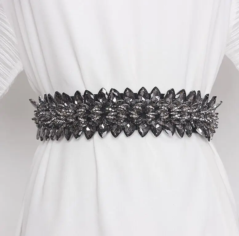 Women's runway fashion rhinestone beaded elastic Cummerbunds female Dress Corsets Waistband Belts decoration wide belt R207