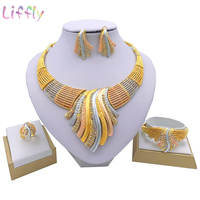 

Liffly African Jewelry Dubai 24k Gold Jewelry Sets Bridal Wedding Big Crystal Choker Necklace Bracelet Earrings for Woman