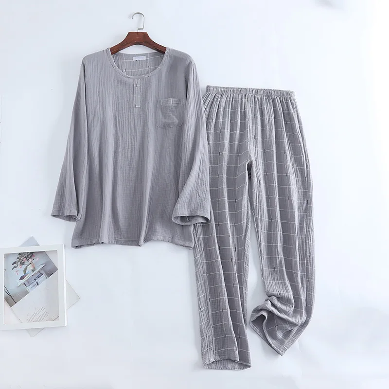 Spring Men Pajamas O-Neck Long Sleeve Sleepwear Double Layer Washed Gauze Pyjamas Plaid Pants Nightwear Plus Size Home Suit