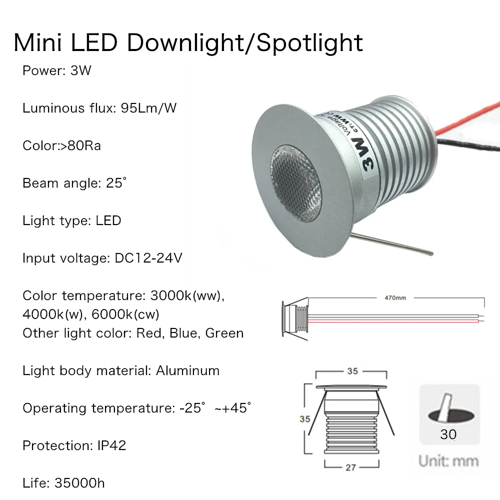 Faretto dimmerabile 3W Mini faretto DC12V-24V faretto da incasso a LED da incasso a soffitto