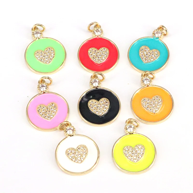 

10Pcs, Gold filled Enamel Colorful Heart On Round Coin Pendant,CZ Micro Pave Enamel Pendant Jewelry