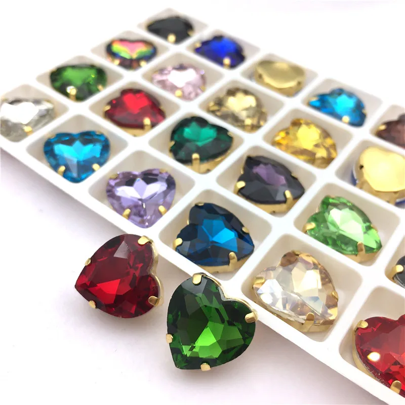 Heart shape gold claw settings 10mm 12mm 14mm 16mm 18mm 27mm glass Crystal Sew on rhinestone Crystals applique clothes diy