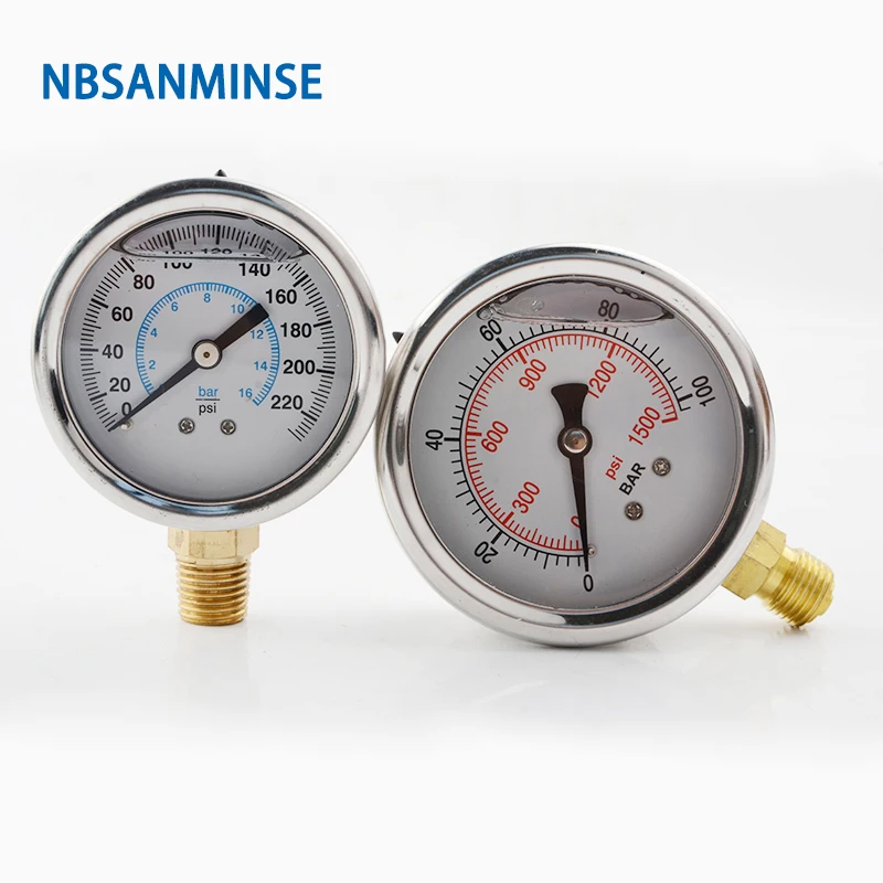 Mkfale Hydraulic Oil Pressure Gauge SM2SB63B/L 2.5 inch G1/4 Liquid Manometer Instruments Stainless Steel Liquid Filled Gauge