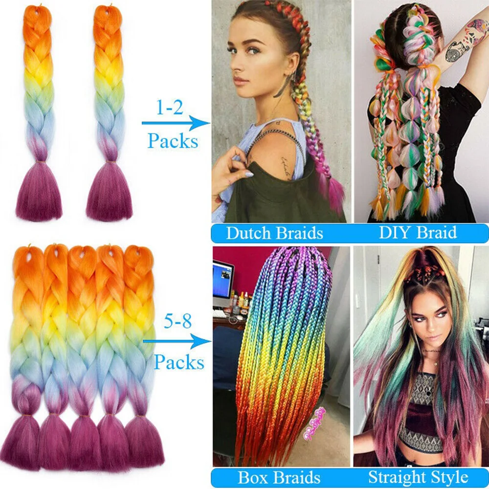 Lihui-extensiones de cabello sintético para mujer, postizos de 24 pulgadas, color rosa, Jumbo, morado, azul, Rubio, degradado, 100g por paquete