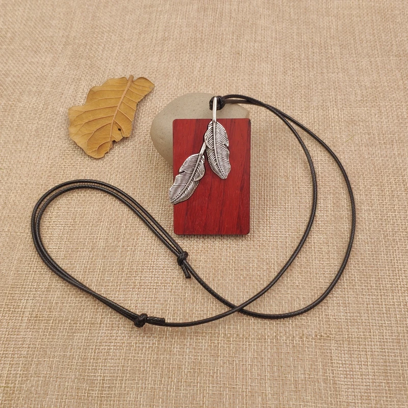 Rosewood Pendant Long Necklace Alloy Feather Inlay Wooden Vintage Metal Adjustable Waxed Rope Female Birthday Gift AI002