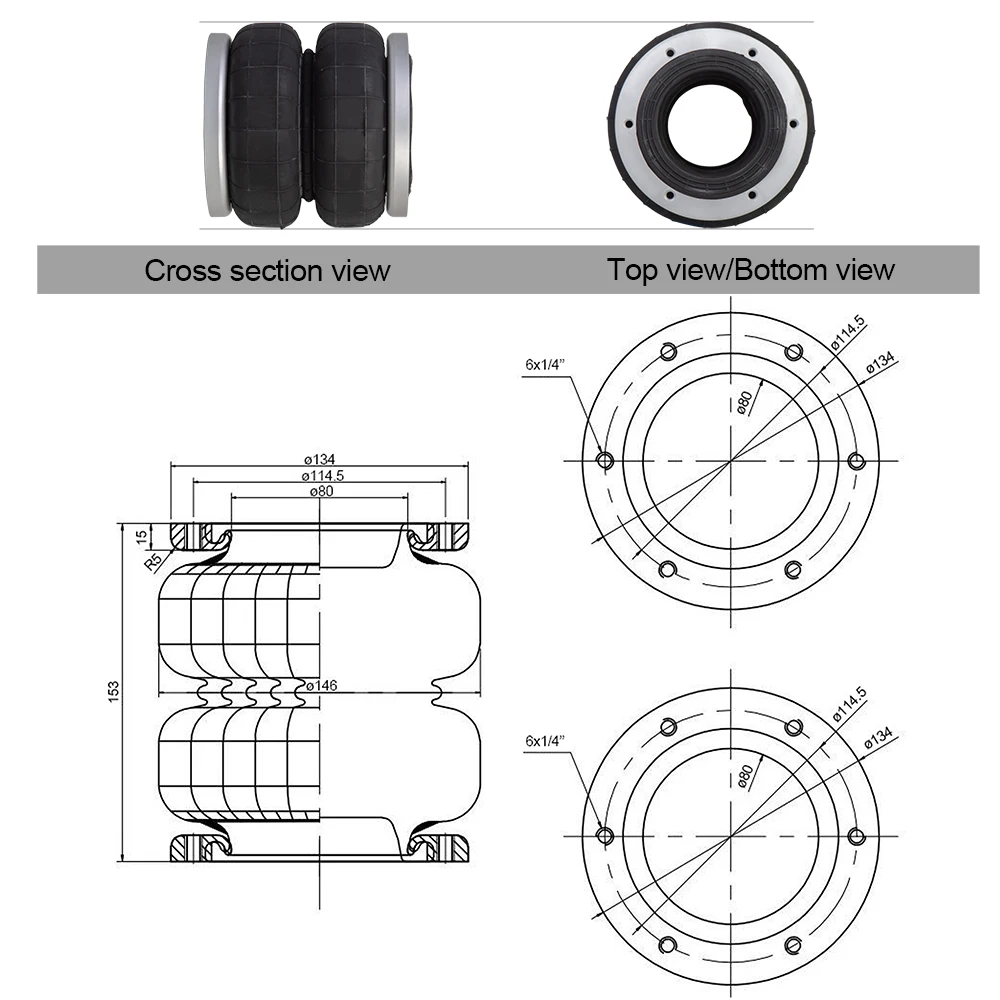 2PCS Universal 2S70-13F Air Suspension Kit Bag Pneumatic Shock Absorber With Aluminium Flange