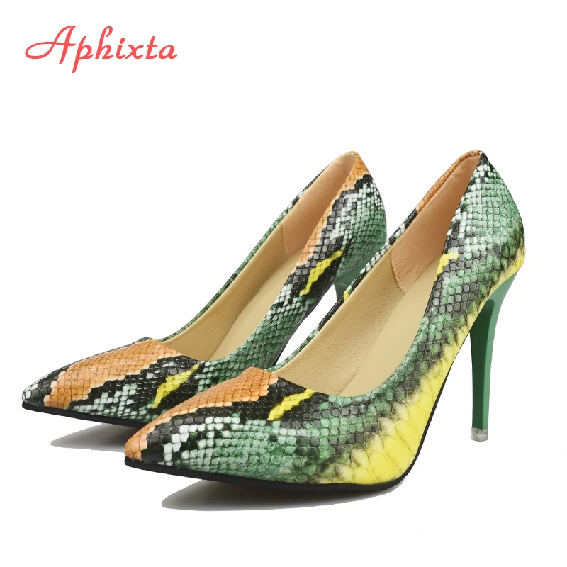 Aphixta Snake Prints Leather Pumps Women Shoes 10cm stiletto Heels Pointed Toe Office Party Dress Shoes Woman Big Size 42