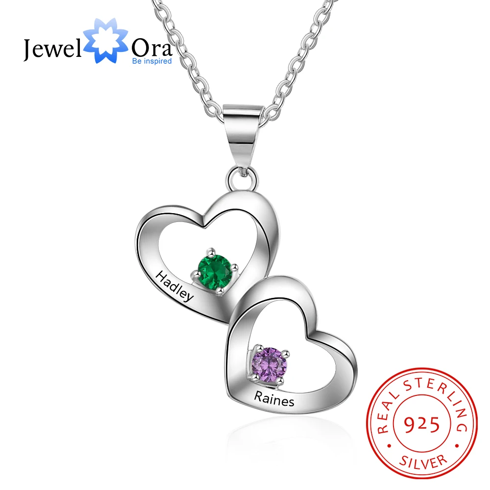 925 Sterling Silver Customized 2 Birthstones Heart Necklaces for Women Personalized Engraving Pendant Jewelry Anniversary Gifts