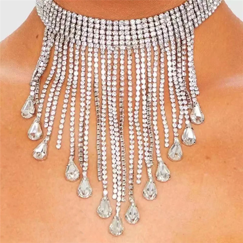 Luxury Rhinestone Chain Tassel Choker Necklace Women Maxi Long Necklace Pendants Jewelry Boho Ethnic Water Drop Large Necklace