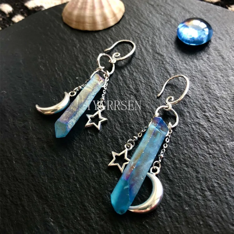 Witch Raw Crystal with Moon and Stars Earrings Witchy Dangle Jewelry Celestial with Healing Quartz Bohemia Jewelry Women Gift