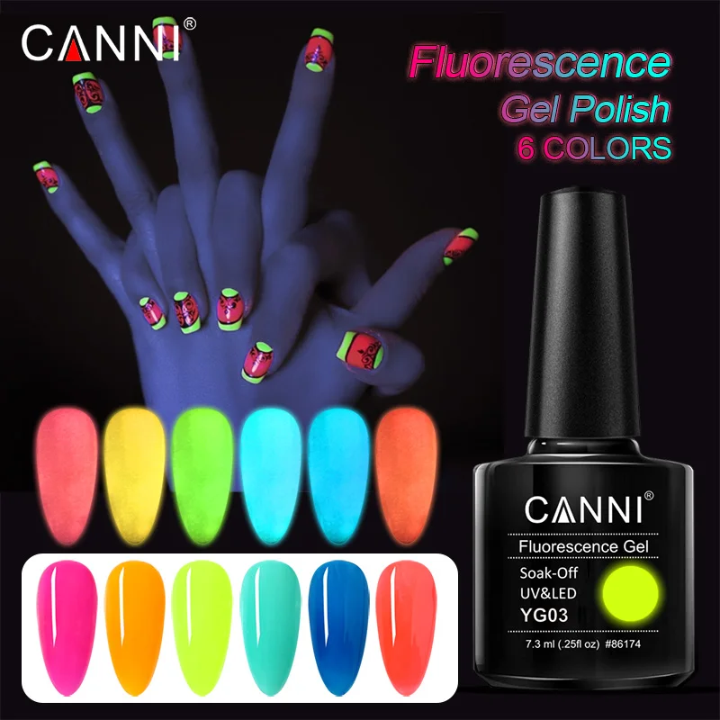 CANNI 2021 New Arrival 7.3ml 6 Colors Fluorescence Gel Polish YG01-YG06 Luminous Neon Gel Long Lasting Soak-Off UV/LED Nail Arts