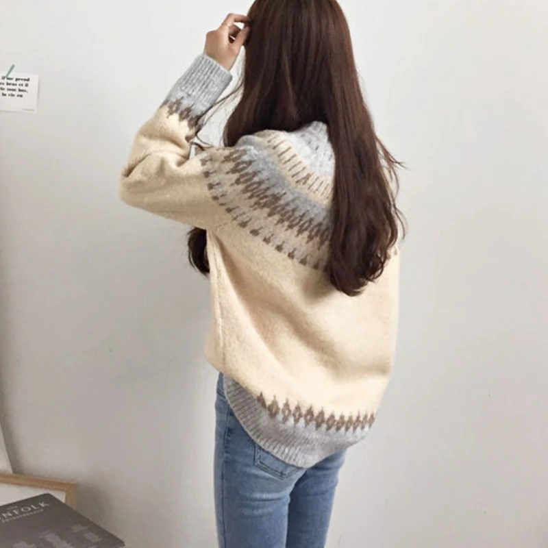 Pullovers Women Patchwork Tender Ulzzang Teenagers Autumn Baggy Feminino Cozy Design Classy Retro Prevalent Basic Panelled Cute