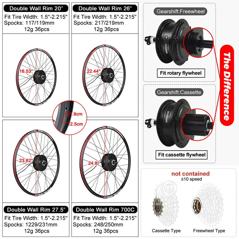 Bafang 500W Electric Bicycle Hub Motor Kit 48V Front Rear Wheel Drive eBike Conversion Kit 17.5Ah Rack Type Lithium Battery Pack