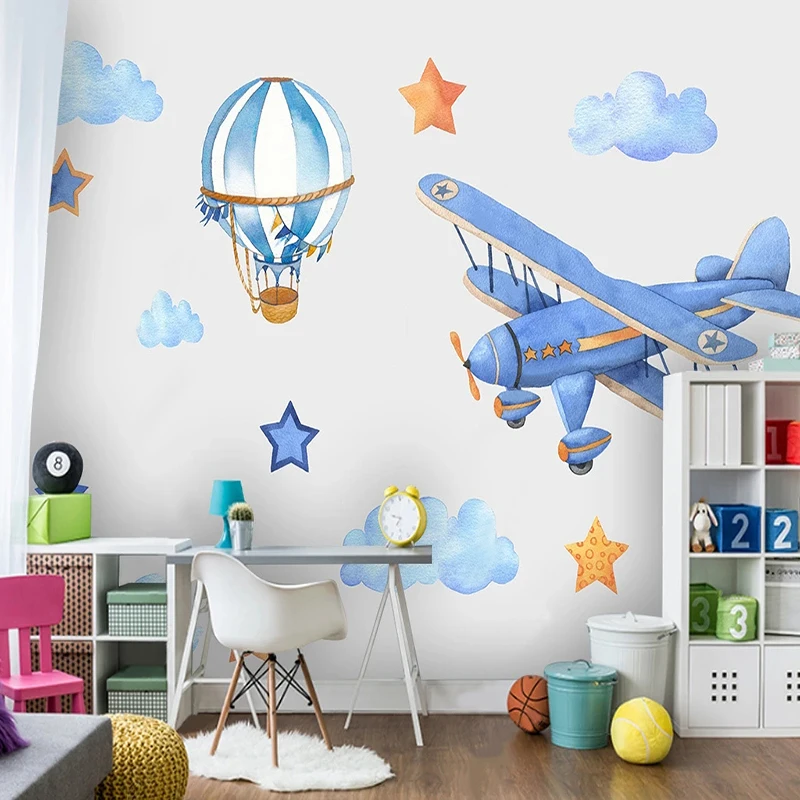 

Custom Wall Mural 3D Hand-painted Cartoon Hot Air Balloon Airplane Children Kids Room Background Photo Paper Papel De Parede