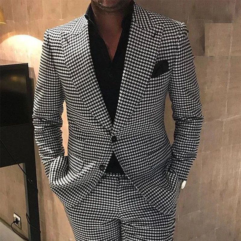 

Latest Houndstooth Suits for Men 2 Pieces Tailored Groom Wedding Suit Tuxedo Formal Casual Streetwear Trendy Blazer Pants Set