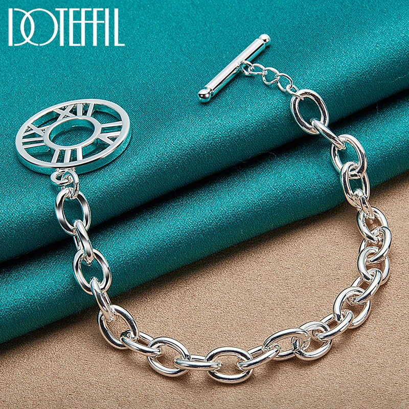 DOTEFFIL 925 Sterling Silver Round Roman Numeral Pendant Bracelet Chain For Woman Man Charm Wedding Engagement Jewelry