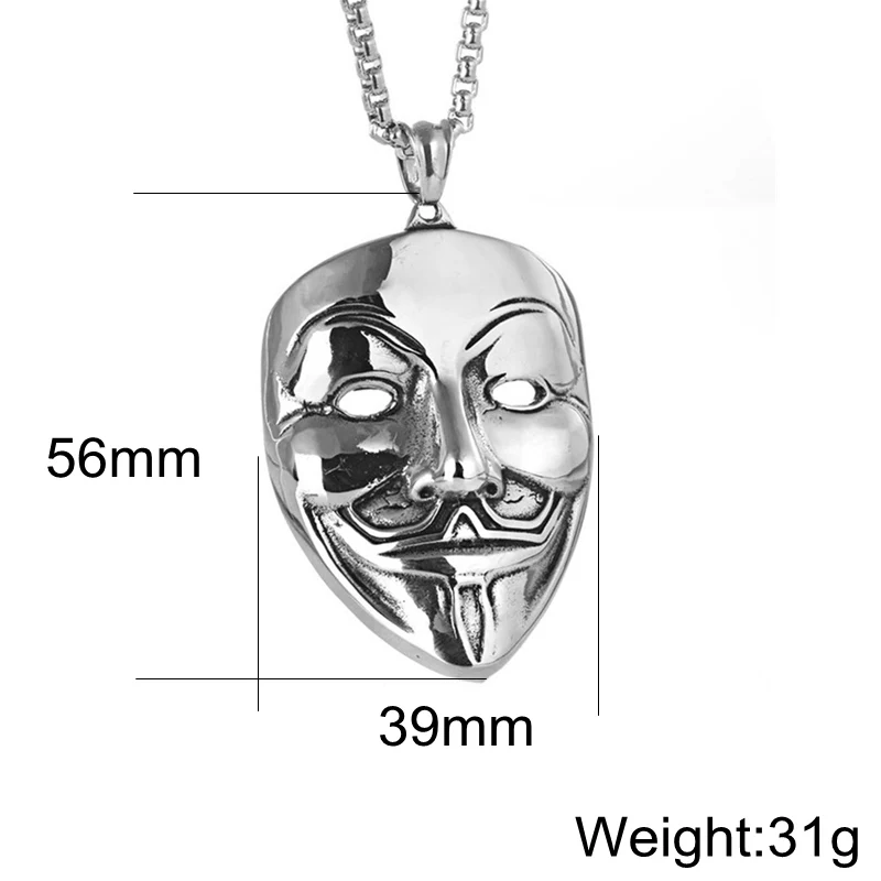 V for Vendetta Movie Pendant Character Mask Head Necklace Mens Hiphop Clown Mask jewelry