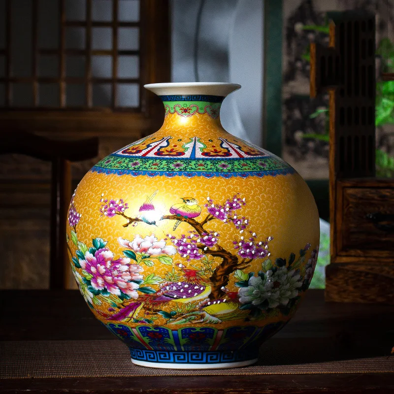 Jingdezhen ceramic vases enamel Caragana vase ornaments living room flower arrangement ancient Chinese  pomegranate vase