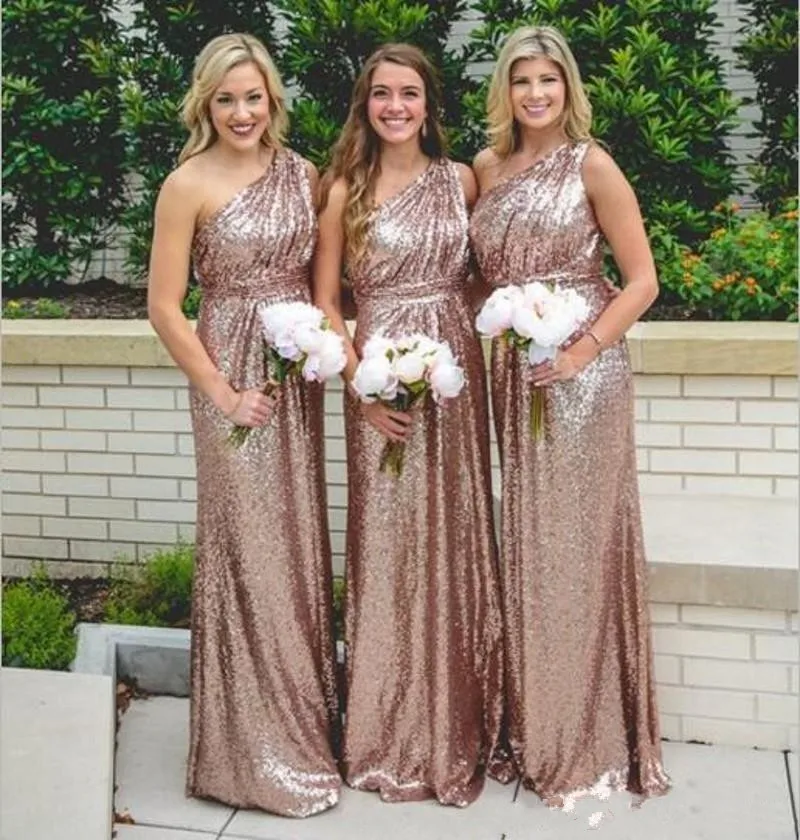 

Sparkle Cheap Bridesmaid Dresses Under 50 A-line One-shoulder Sequins Long Wedding Party Dresses For Women