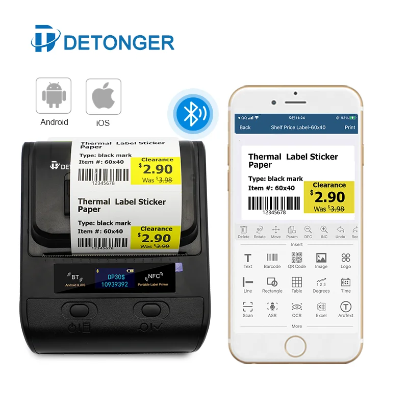 Imagem -05 - Detonger-mini Impressora Térmica Portátil Impressora com Rolos Black Mark Etiqueta da Etiqueta bt Barcode Maker Android Ios Dp30s 80 Milímetros