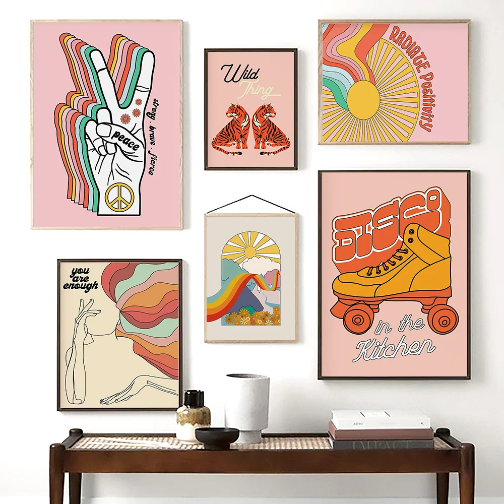 Cartoon Feminist Peace Sign Rainbow Poster Wall Art Print Picture Sun Line Quote Canvas Painting Wild Tiger Kids Room Home Decor