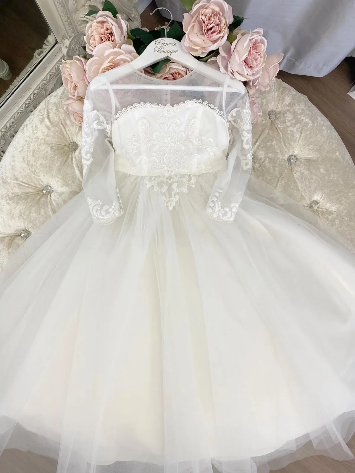 Xunbei-Robe fleurie en dentelle pour filles, nœud en tulle, robe de mariée de première communion pour enfants, jolie robe de Rhde princesse, robe de soirée